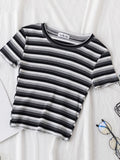 Znbbw T Shirt Women Rainbow Striped Tops Slim Fit t shirt Harajuku Tshirt Summer Short Sleeve Korean T-shirt feminina Clothes Tops