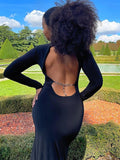 znbbw Autumn Winter Sexy Backless Black Dress Women 2023 Long Sleeve Chain Maxi Split Bodycon Dresses Party Club Elegant