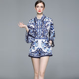 Znbbw Spring Runway Fashion Shorts Suit Women Turn-down Collar Blue and White Porcelain Print Shirts and Short 2 Pieces Set