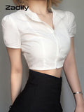znbbw Sexy White Shirt Women Stand Neck Button Short Sleeve Slim Crop Blouse 2023 Summer New Party Y2k Female Clothing Tops