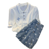 znbbw Women High Quality Summer 2-piece Set O-Neck Black Short Sleeve Knit Tops+Blue Printed Denim Mini Skirt Suit Female Outfits
