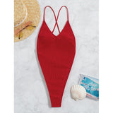 Znbbw One-Piece Thong Swimsuit High Cut Backless Monokini Solid Whole Swimwear Ribbed Bikini Sexy Harajuku Bathing Suit