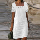 znbbw Women Solid Color Mini Dresses 2023 Vintage New Lace Patchwork Button Dress Ladies Casual Square Collar Short Sleeve Loose Dress