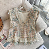 znbbw Tweed Vest Slim Crop Tops Autumn Colete Feminino V Neck Knitted Plaid Vest Sweater French Waistcoat Ruffled Blouse