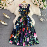 Znbbw High Waist Spaghetti Strap Dress for Women Slash Neck Off Shoulder Bow Backless Floral Print Midi Long Party Vestidos