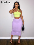 Znbbw Women Fashion One Shoulder Crop Tank Tops Pencil Midi Skirt Two Piece Set Suit Outfit 2023 Summer Clothes Streetwear