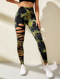 Znbbw Tie Dyed Hollowed Out Yoga Pants High Waist Quick Drying Sport Leggings Tight Lifting Hip Fitness Gym Leggings