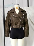 Znbbw TRAF Spring Short Women Slim Bandage Khaki Faux PU Leather Jacket Fashion Lapel Long Sleeve Outerwear Ladies Streetwear
