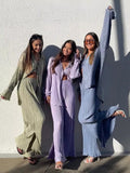 znbbw Women Pleated 2 Piece Sets Long Sleeve Blouse Tops And Split Wide Leg Pant Suit Female Fashion Casual Loose Homewear Outfit