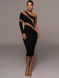 Znbbw Mesh See Through Patchwork Midi Dress For Women Robe Autumn New One Sleeve Backless Bodycon Long Dress Vestido