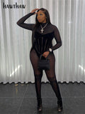 Znbbw Women Sexy Long Sleeve Mesh See Through Bodycon Black Jumpsuit Overalls 2023 Fall Clothing Wholesale Items For Business