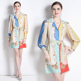 Znbbw 2023 Spring Fashion Designer Linen Mini Dress Women V-Neck Lantern Sleeve Contrast Printed Lace Up Belt Short Vestidos