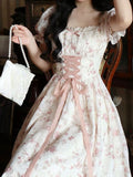 znbbw Korean Fashion Lace Fairy Dress Women Square Collar Princess Kawaii Floral Print Dress Female Bandage Sweet Dress 2023
