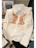 znbbw Women Vintage Rabbit Printed Shirt Single Breasted Streetwear Sweet Chic Fashion Oversized Loose Female Lovely Blouses Tops