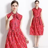 Znbbw Summer Letter Print Shirt Dress Women's Lapel Collar Sleeveless Lace Up Bow Belt A Line Vintage Party Midi Vestidos N2052