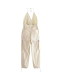 Znbbw TRAF Summer Women Fashion Halter Neck V Neck Sexy Open Back Stretch High Waist Casual Pocket Jumpsuit