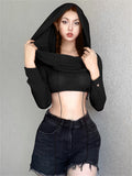 znbbw Spring Sexy Solid Pullover Hoodies Club Outfit For Women 2023 Long Sleeve Hooded Crop Top Female Black Knit Hoodies