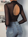 Znbbw Stand Collar See-Through Striped Mesh Transparent Sexy Bodysuit Women Spring Long Sleeve Backless Party Night Clubwear