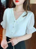 Znbbw Shipping Blouses Women Short Sleeve White Lace V-Neck Chiffon Blouse Shirt Tops Women Blusas Mujer De Moda 2023 Verano F482