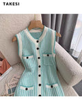 znbbw Style Women Elegant Sleeveless V-neck Striped Patchwork Dresses 2023 Summer Classic Slim Pockets Camisole Mini Dress