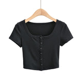 Znbbw Women Rib Button Through Short Sleeve Top