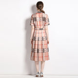 Znbbw Summer Fashion Runway Shirt Dresses Women's Lapel Short Sleeve Elegant Vintage Plaid Print OL Pleated Midi Vestidos N2038