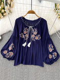 Znbbw Women's Retro Blouse National Style Embroidered Lace-Up Tassel V-Neck Lantern Sleeve Tops Loose All-Match Female Blusa G05