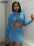 znbbw Summer Blue Lace Up 2 Two Piece Sets Club Outfit For Women 2023 Crop Top And Skirt Sets Female Hollow Out Matching Sets