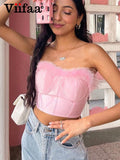 Znbbw Feather Detail Sleeveless Pink Bustier Summer 2023 Women Fashion Streetwear Off Shoulder Sexy Fitted Crop Top