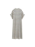 Znbbw TRAF 2023 France Knitting Striped Contrast V Neck Long Sleeve Dress Women Elegant Single-breasted Slim Long Dress