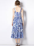 Znbbw Fashion Runway Summer Gorgeous Floral Dress Women's Spaghetti Strap Blue and White Porcelain Print Vacation Dress