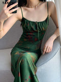 znbbw Women Spaghetti Strap Elegant Floral Printing Long Dress Summer Sleeveless Bodycon Slim Vintage Satin Vestidos Female Chic Robe