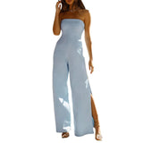 Znbbw Fashion Women Split Wide Leg Pants Elegant Sexy Solid Color Strapless Jumpsuit Sleeveless Loose Romper Club Party Outfits