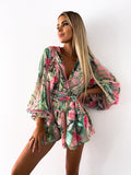 znbbw Deep V Neck Jumpsuit For Women Summer Casual Boho Beach Vacation Outfit Female Fashion Print Lantern Sleeve Rompers Shorts