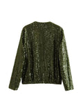 Znbbw TRAF Women Fashion Front Zipper Sequin Bomber Jacket Coat Female Casual O-Neck Long Sleeves With Pockets Loose Chic Top