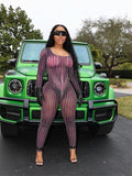 znbbw Summer Sexy Mesh Striped Print Jumpsuit Club Outfit For Women 2023 Long Sleeve One Pieces Jumpsuit Female Black Jumpsuit