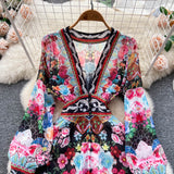 Znbbw Summer Bohemian Rose Floral Print Flowy Chiffon Dress Women Clothing V-Neck Long Sleeve Single Breasted Split Maxi Vestidos