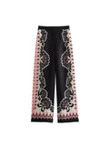 Znbbw TRAF 2023 Long Sleeve Print Shirts Women Pants Suits Single Breasted 2piece Suits 2023 Women Casual Long Pant Set