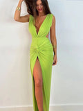 Znbbw 2023 Summer Fashion Ruched Long Dress Sexy Backless V Neck Hight Slit Women Bodycon Party Maxi Dress