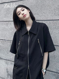 znbbw 2023 Summer Streetwear Short Sleeve Woman Black Shirt Oversize Y2K Zipper Up Woman Tunic Blouse Female Clothing Top