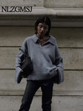 Znbbw TRAF Women Large Turn-Down Collar Knitted Sweater Slit Cuffs Autumn Winter Ladies V-Neck Loose Knitted Sweater Tops