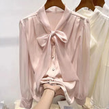 Znbbw Fashion Bow Collar Pink White Chiffon Blouse Shirt Women Tops Shirts Blusas Mujer De Moda 2023 Long Sleeve Blouse Women G795