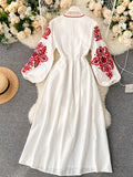 Znbbw Women Autumn Dresses Bohemian Embroidered Flower O-Neck Lantern Sleeve High Waist Pleated Dress All-match Female Vestidos PL393