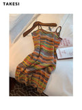 znbbw Summer Vintage Sexy Backless V-Neck Rainbow Knitting Suspender Dresses For Women High Waist Hotsweet Beach Club Dress