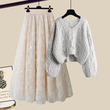 Znbbw Winter Skirt Two Piece Set Women Woolen Short Sweater + Elegant Skirt Suits Sweet 2 Piece Set