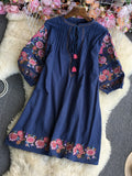 Znbbw Women Summer Dress Ethnic Style Gentle, Loose and Elegant Slim V-neck Retro Embroidered Dress Mid-length Dress D1834