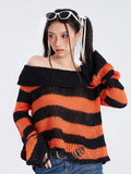 Znbbw Y2k Punk Rock Zipper Sexy Off Shoulder Sweaters Women Gothic Black Grey Stripes Broken Hole Loose Knitted Jumpers