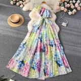 Znbbw Oblique Off Shoulder Flowy Bohemian Dress Women Summer Floral Printed Lace Up Belt High Waist Long Beach Chiffon Dress