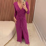 Znbbw Women Maxi Dress Summer Fashion Solid V Neck Slit Long Sleeve Pleated Nipped Waist Slim Sexy Evening Party Long Dresses