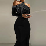 znbbw Women Fashion Slim Patchwork Mesh Maxi Dress 2023 Elegant Glitter Banquet Dress Sexy Turtleneck Bodycon Shiny Ladies Party Dress